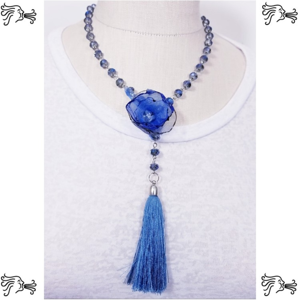 Y Necklace Blue Crystal Necklace Tassel